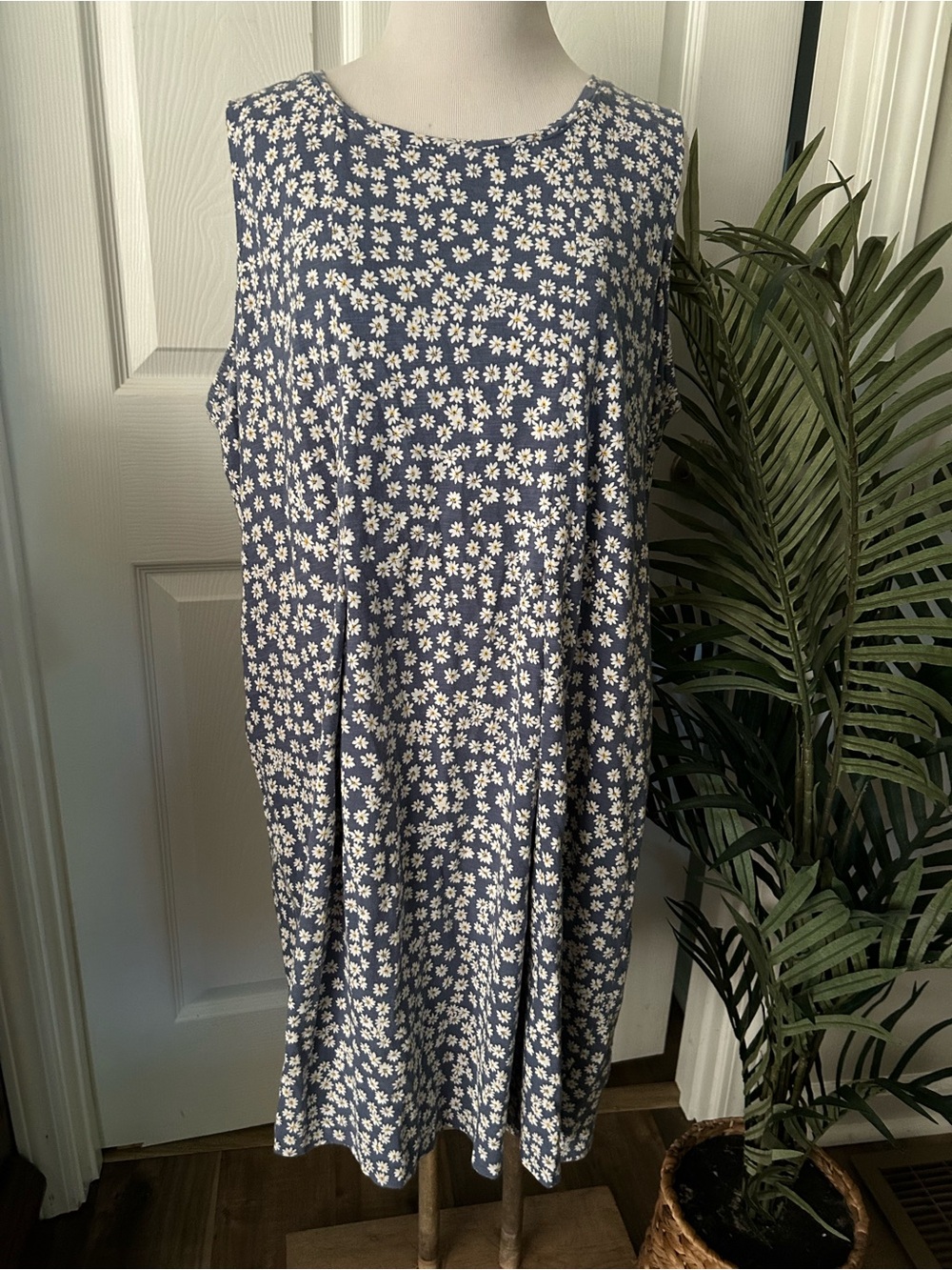 J. Jill 100% Cotton Navy Blue Daisy Print Sleeveless A-Line Dress
